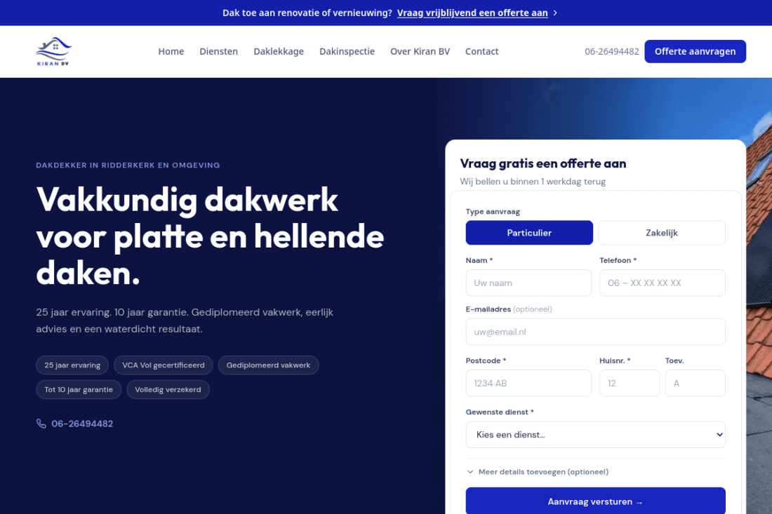 Schermafbeelding van de homepage van de website van Kiran BV